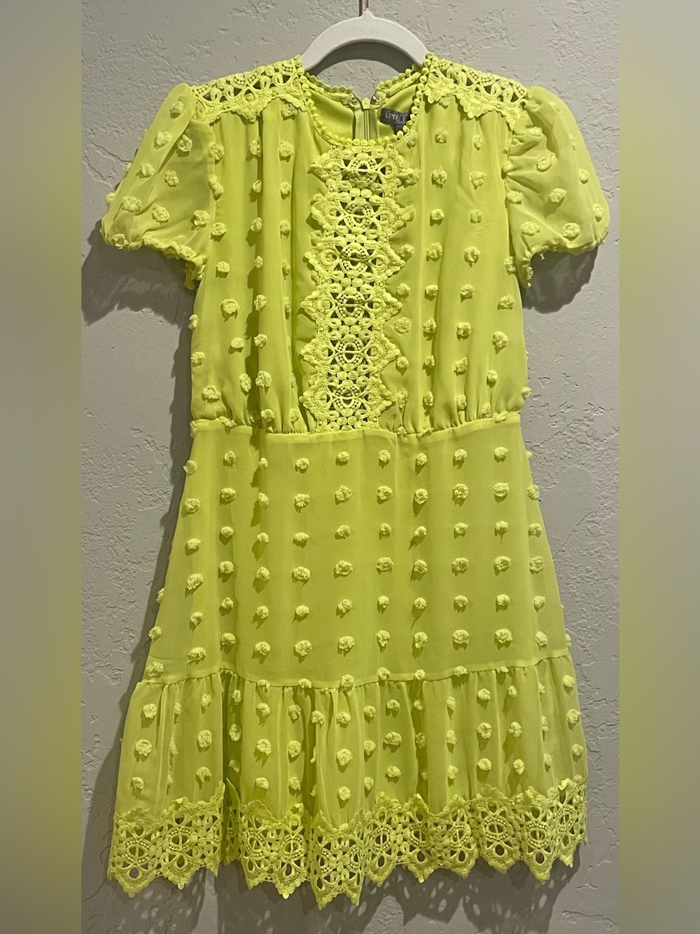Love Design XS Neon Yellow Lace Pom-Pom Mini Dress PTP 16, length 34. - Picture 1 of 3